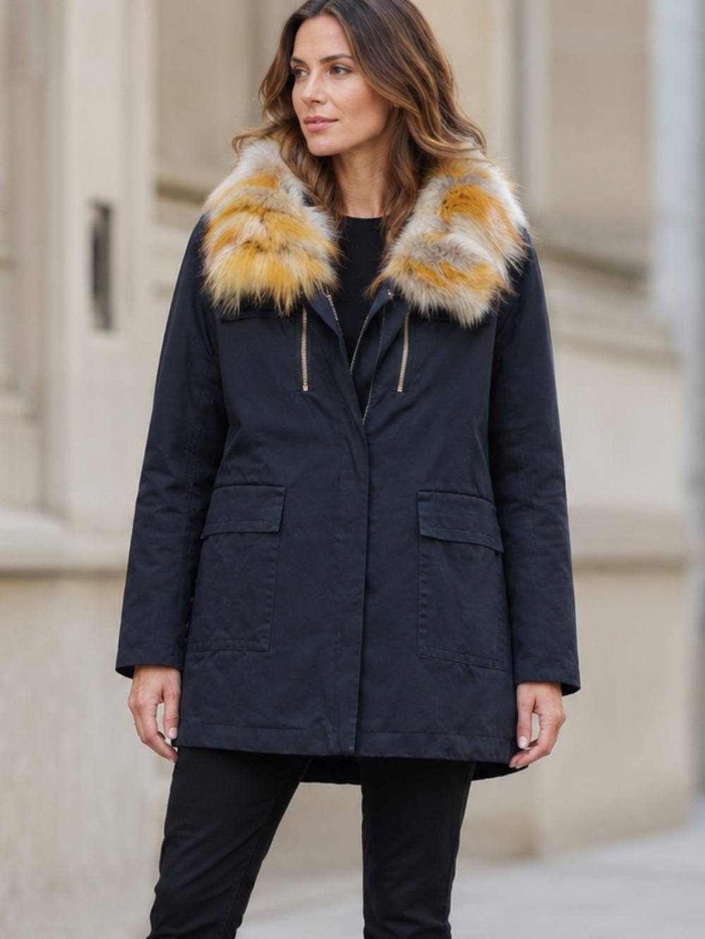 Sandro Paris 36 Black Cotton Parka Genuine Fox Fur Collar Hooded Coat